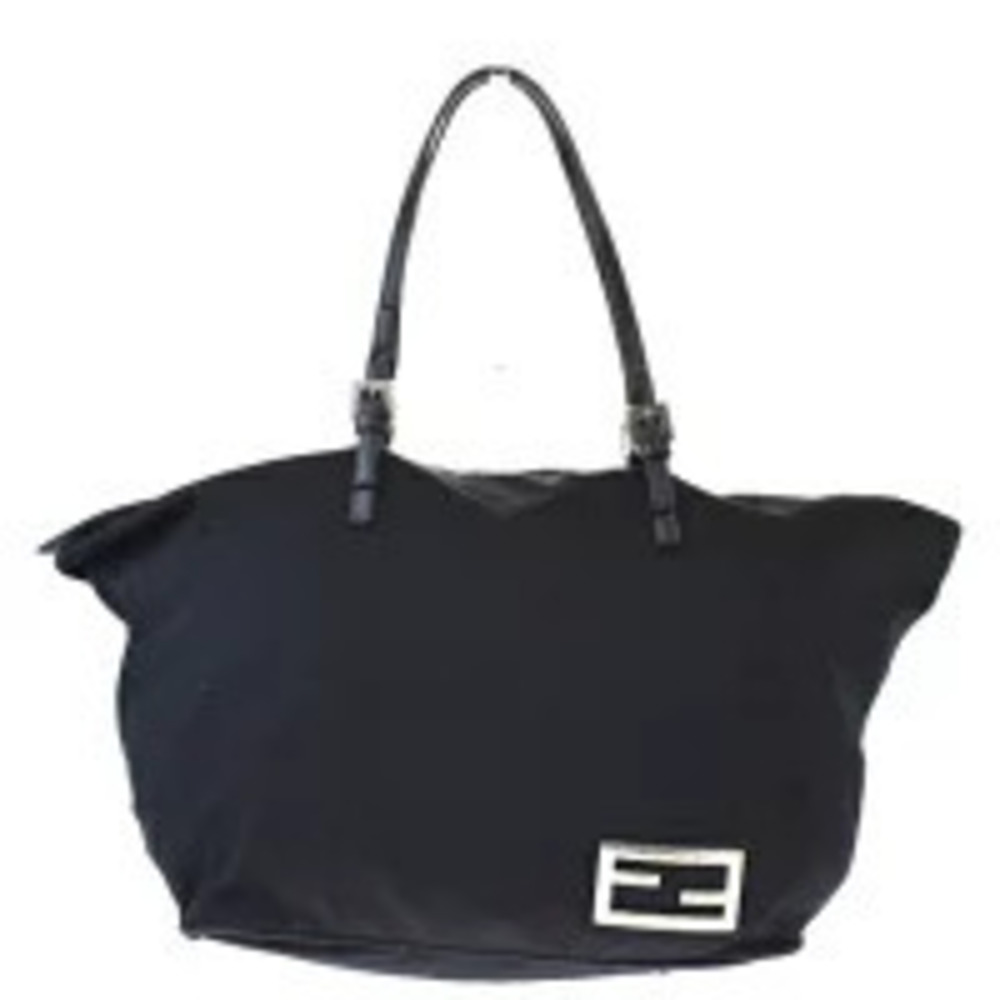 Fendi leather trimmed neoprene tote bag logo plaque Black